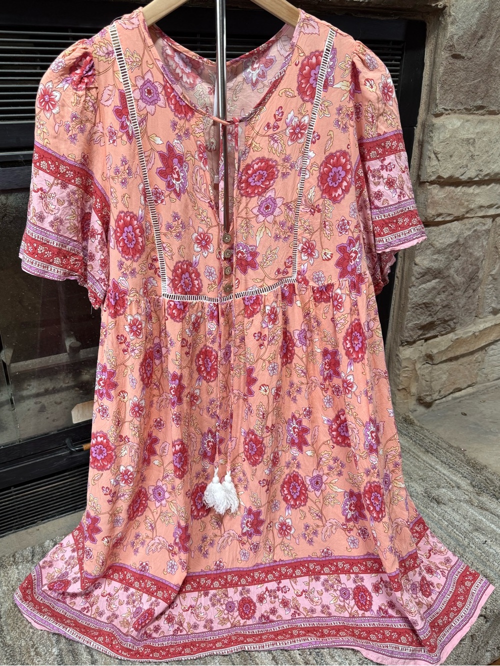 Peach Floral Boho Tunic  w/Tassel Tie
